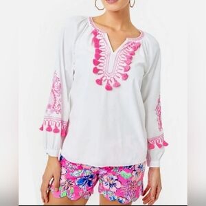 NWOT Lilly Pulitzer Kaydence Tunic Top White Pink Tassels Small